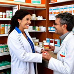 **

A welcoming corner pharmacy in a French neighborhood. A friendly pharmacist with a warm smile assists a customer, providing personalized advice. Shelves are stocked with medications and over-the-counter remedies. Focus on conveying a sense of trust, empathy, and accessibility.

**