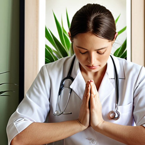 Home 14 **
"A pharmacist taking a revitalizing micro-break, eyes closed, hands in a prayer position, surrounded by a calming, personalized workspace with a small plant and a framed photo. Soft, natural light."
**