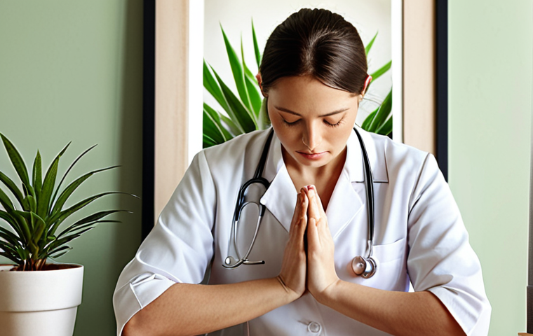 **
"A pharmacist taking a revitalizing micro-break, eyes closed, hands in a prayer position, surrounded by a calming, personalized workspace with a small plant and a framed photo. Soft, natural light."
**