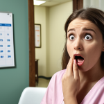 **

A concerned young woman sitting in a doctor's office, looking surprised. In the background, blurred, is a calendar marked with a recent date and a pregnancy test with a positive result. The scene evokes a feeling of unexpected news due to a medication interaction. The style should be realistic, with soft lighting.

**