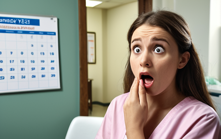 **
A concerned young woman sitting in a doctor's office, looking surprised. In the background, blurred, is a calendar marked with a recent date and a pregnancy test with a positive result. The scene evokes a feeling of unexpected news due to a medication interaction. The style should be realistic, with soft lighting.
**