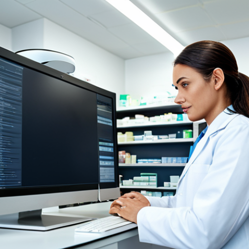 Home 22 **
A pharmacist in a modern pharmacy, fully clothed in professional attire, analyzing a prescription using a computer with specialized software. The pharmacy is well-lit and organized. Focus on the pharmacist's attentive expression and the high-tech environment. Safe for work, appropriate content, perfect anatomy, natural proportions, high quality.
**
