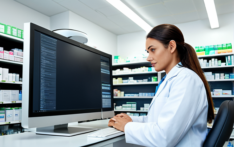 **
A pharmacist in a modern pharmacy, fully clothed in professional attire, analyzing a prescription using a computer with specialized software. The pharmacy is well-lit and organized. Focus on the pharmacist's attentive expression and the high-tech environment. Safe for work, appropriate content, perfect anatomy, natural proportions, high quality.
**