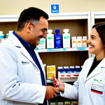 **

"A young pharmacist in a modern, well-lit pharmacy ('pharmacie' in French signage), wearing a clean, professional white coat, assisting a senior citizen with a medication query. The pharmacist is smiling warmly and engaged in conversation. Shelves are stocked with neatly arranged 'médicaments' and 'produits de parapharmacie'. Safe for work, appropriate content, fully clothed, professional setting, perfect anatomy, natural proportions, high quality, family-friendly atmosphere."

**