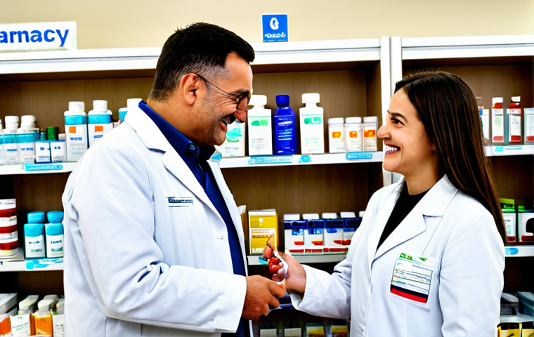 **
"A young pharmacist in a modern, well-lit pharmacy ('pharmacie' in French signage), wearing a clean, professional white coat, assisting a senior citizen with a medication query. The pharmacist is smiling warmly and engaged in conversation. Shelves are stocked with neatly arranged 'médicaments' and 'produits de parapharmacie'. Safe for work, appropriate content, fully clothed, professional setting, perfect anatomy, natural proportions, high quality, family-friendly atmosphere."
**
