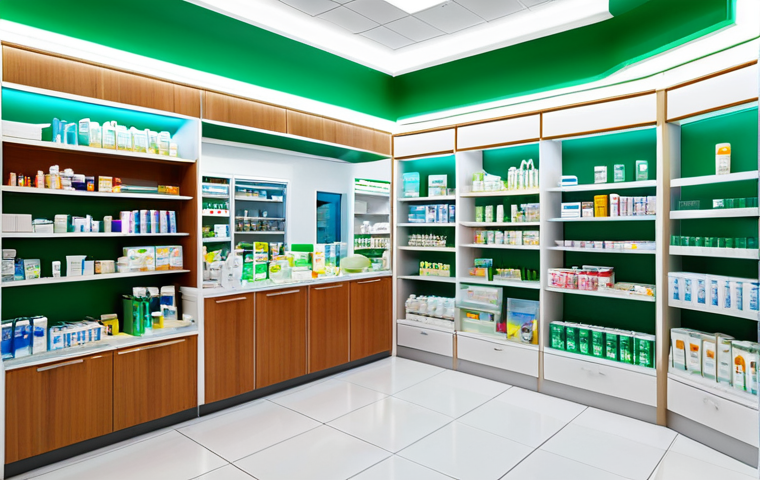 약사 약국 인테리어 가이드 - Thematic Zones & Product Display**
"A bright and inviting pharmacy interior, showcasing clearly def...