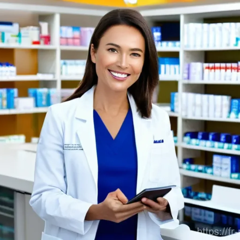 약사들이 알아야 할 최신 약물 리스트 - **A Modern Pharmacist Embracing Digital Health:**
A vibrant, sunlit pharmacy interior, showcasin...