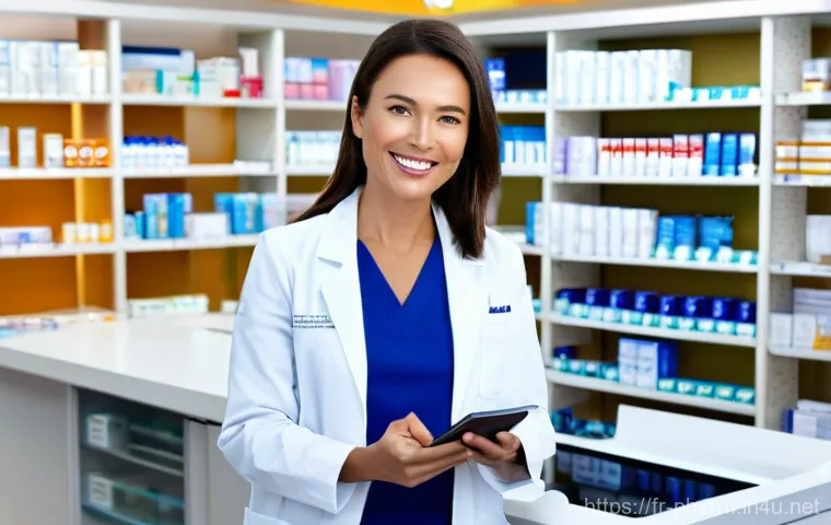 약사들이 알아야 할 최신 약물 리스트 - **A Modern Pharmacist Embracing Digital Health:**
A vibrant, sunlit pharmacy interior, showcasin...