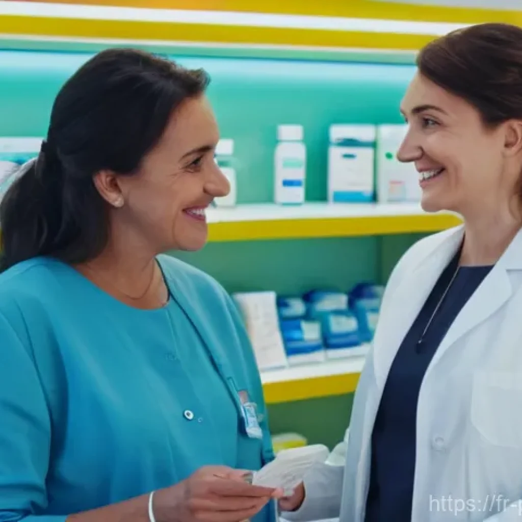 약사와 제약회사 취업 비교 - A friendly female French pharmacist in her late 30s, wearing a clean white lab coat over professiona...