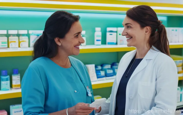 약사와 제약회사 취업 비교 - A friendly female French pharmacist in her late 30s, wearing a clean white lab coat over professiona...