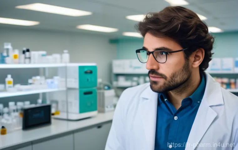 약사와 제약회사 취업 비교 - A diverse team of three pharmaceutical scientists (two men and one woman, all adults) in their 30s-4...