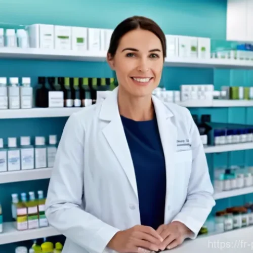 Home 31 약사 직업군 내 리더십 키우기 - **Modern Pharmacist as a Visionary Leader**
A wide shot inside a contemporary and brightly lit F...