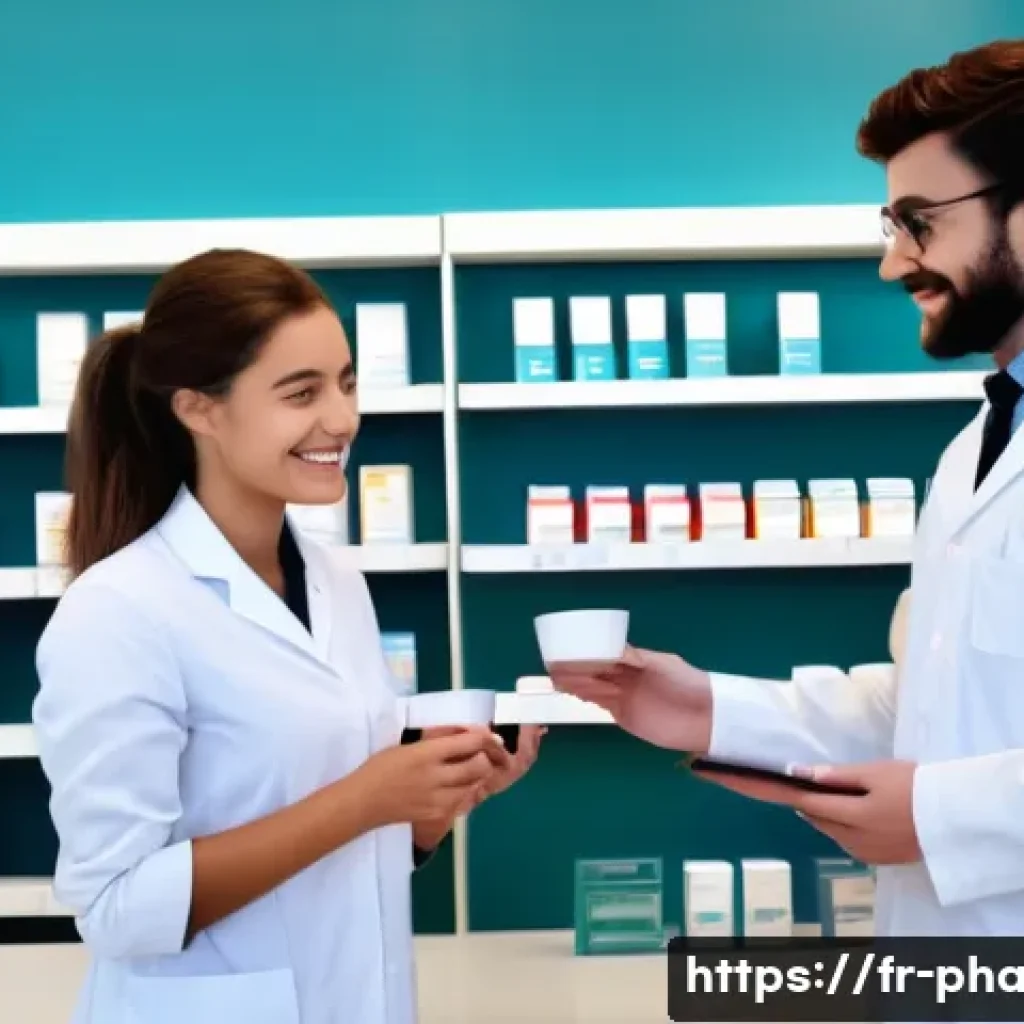 약사 실습생들과의 소통 방법 - A warm, welcoming scene inside a modern French pharmacy training room where a friendly pharmacist wa...