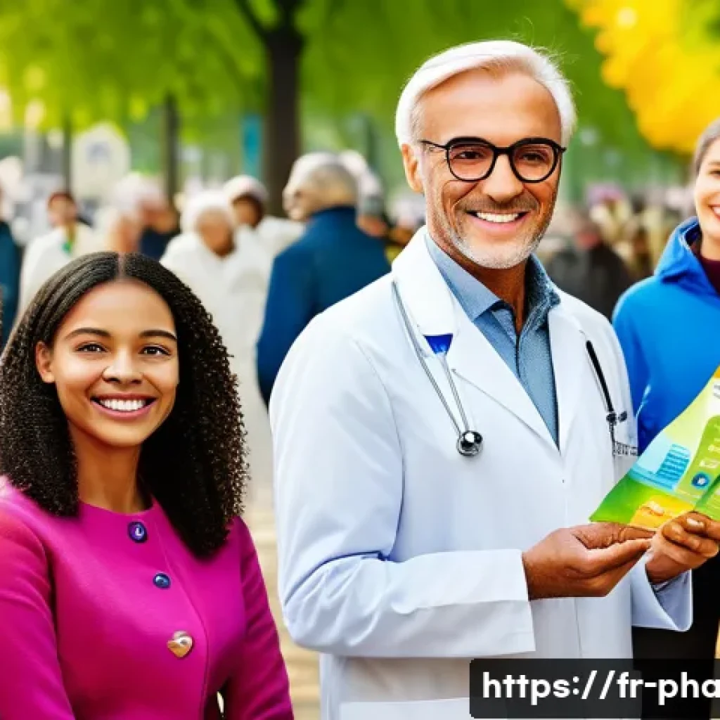 약사로서의 봉사 활동 사례 - A vibrant urban health prevention campaign scene in a French city park, featuring diverse pharmacist...