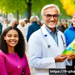 약사로서의 봉사 활동 사례 - A vibrant urban health prevention campaign scene in a French city park, featuring diverse pharmacist...