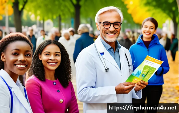 약사로서의 봉사 활동 사례 - A vibrant urban health prevention campaign scene in a French city park, featuring diverse pharmacist...