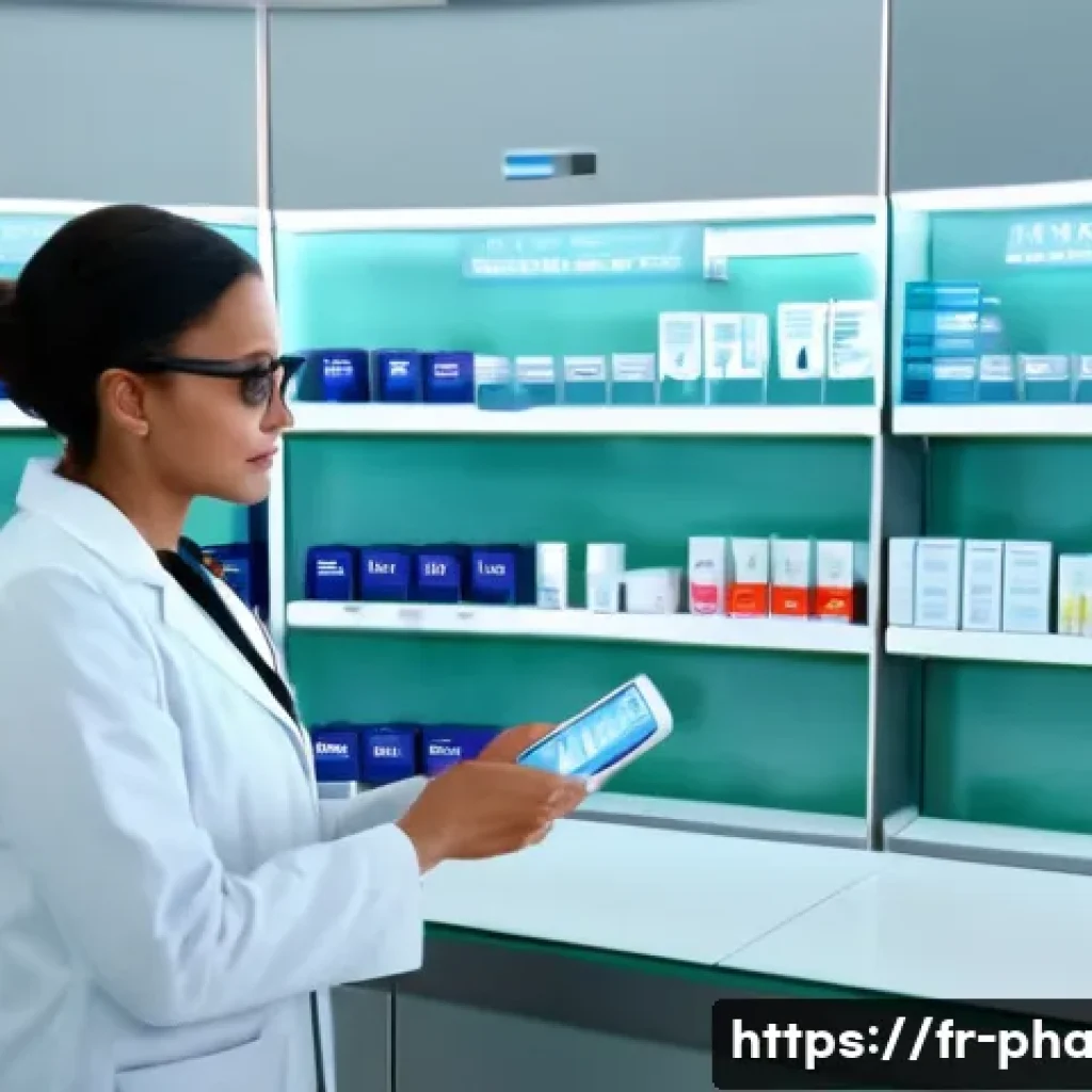 약사 약물 데이터 분석 시스템 구축 - A modern French pharmacy interior with a professional pharmacist using advanced data analysis softwa...