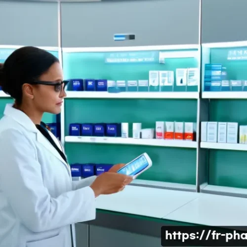 약사 약물 데이터 분석 시스템 구축 - A modern French pharmacy interior with a professional pharmacist using advanced data analysis softwa...