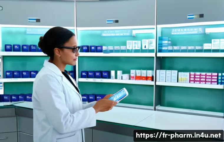 약사 약물 데이터 분석 시스템 구축 - A modern French pharmacy interior with a professional pharmacist using advanced data analysis softwa...