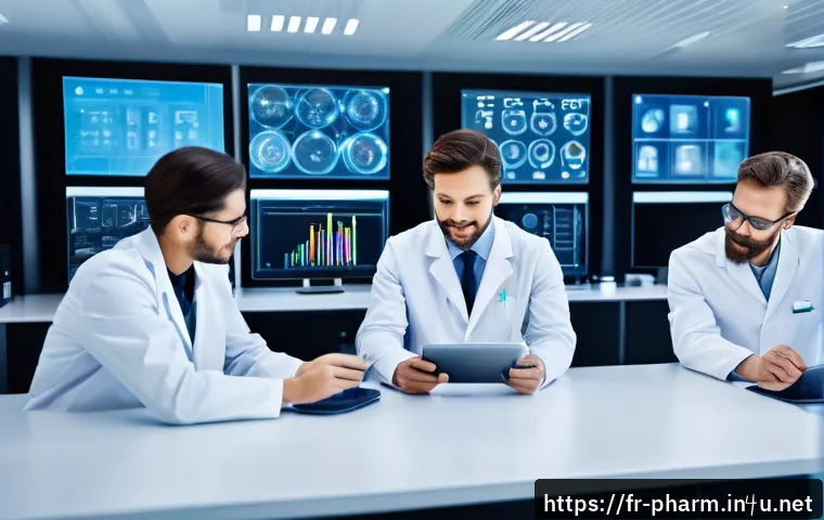 약사 약물 연구에서의 데이터 품질 - A modern pharmaceutical clinical trial setting showing a diverse team of researchers and technicians...