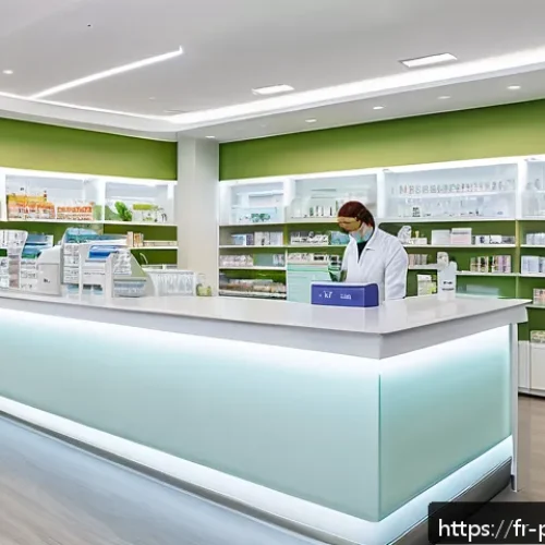 약사 약국 창업 성공 사례 분석 - A modern French pharmacy interior designed to be bright and welcoming, featuring spacious, well-lit ...