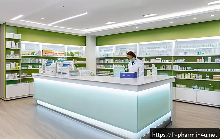 약사 약국 창업 성공 사례 분석 - A modern French pharmacy interior designed to be bright and welcoming, featuring spacious, well-lit ...