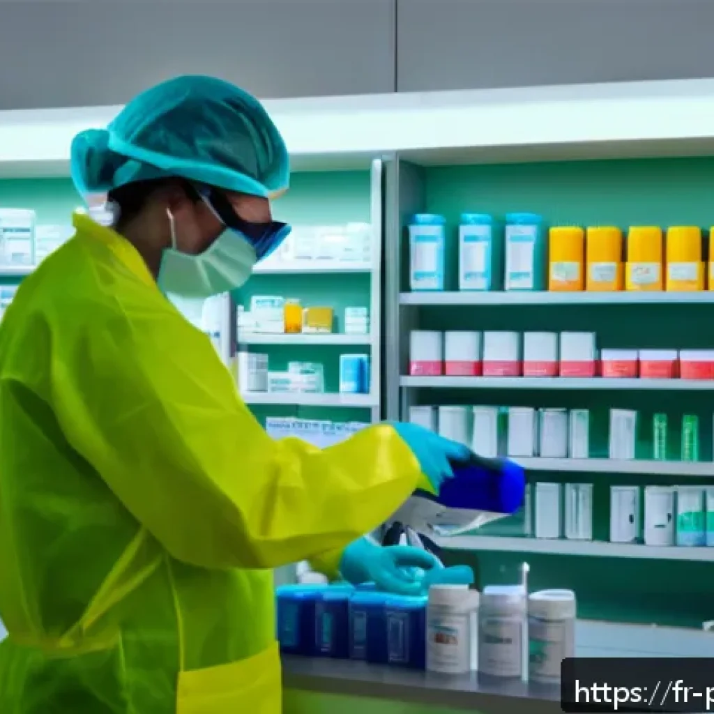 약사 직업 위험 요소 관리 - A modern French pharmacy interior scene showing a pharmacist wearing nitrile gloves, protective gogg...