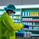 약사 직업 위험 요소 관리 - A modern French pharmacy interior scene showing a pharmacist wearing nitrile gloves, protective gogg...