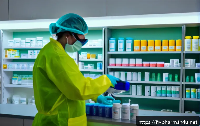 약사 직업 위험 요소 관리 - A modern French pharmacy interior scene showing a pharmacist wearing nitrile gloves, protective gogg...