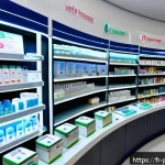 약사 실무에서 사용하는 프로그램 - A modern French pharmacy interior showcasing advanced real-time stock management technology: sleek d...