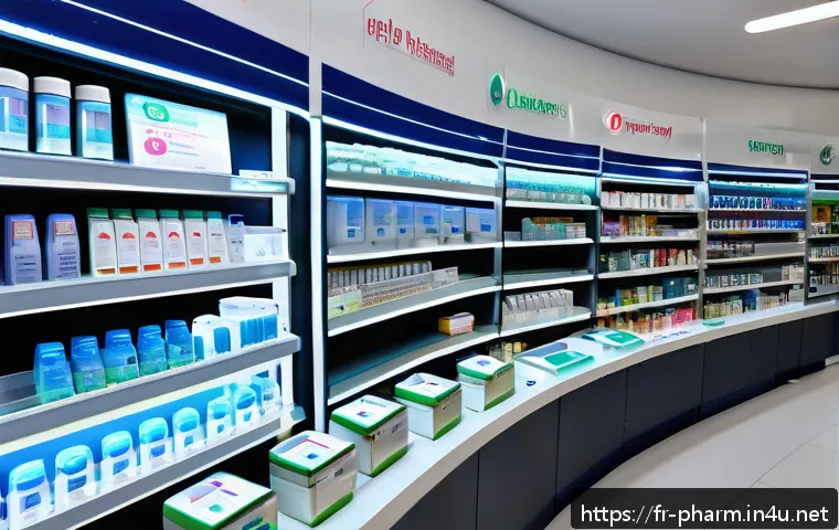 약사 실무에서 사용하는 프로그램 - A modern French pharmacy interior showcasing advanced real-time stock management technology: sleek d...
