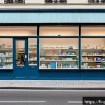 약사 약국 창업 시 허가 절차 - A modern French pharmacy storefront located in a bustling urban neighborhood, featuring a clean and ...
