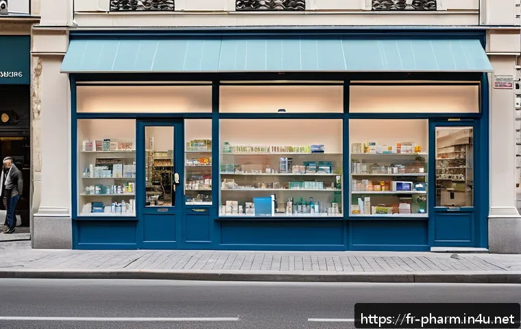 약사 약국 창업 시 허가 절차 - A modern French pharmacy storefront located in a bustling urban neighborhood, featuring a clean and ...