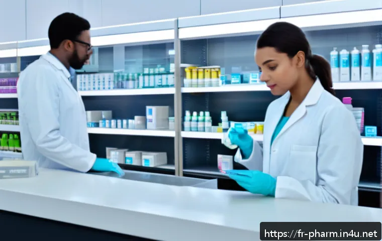 약사 약물 배합 실수 사례와 교훈 - A modern French pharmacy interior showing a focused pharmacist and a pharmacy technician carefully p...