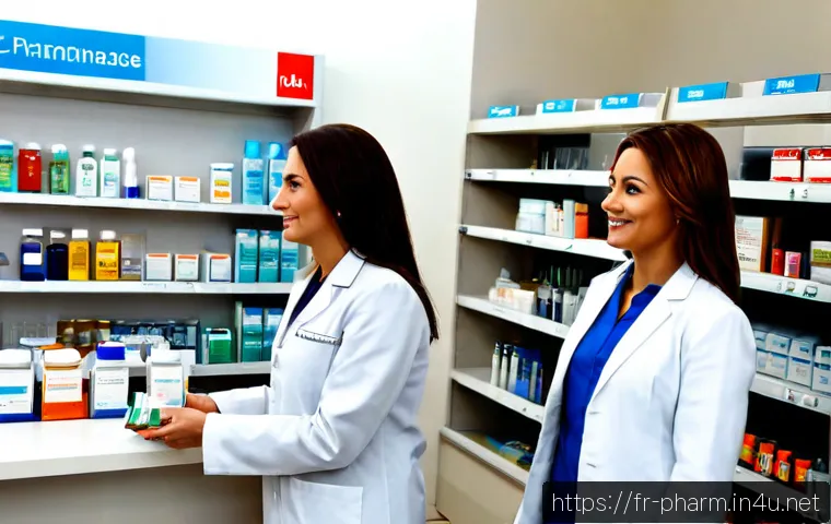 Home 30 약사 외국 약사와의 비교 - Photorealistic side-by-side comparison scene in a bright modern French pharmacy: a friendly French p...