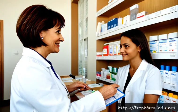 Home 17 약사 처방 조제 절차 및 팁 - Photorealistic French community pharmacy consultation, friendly pharmacist in a clean white coat exp...